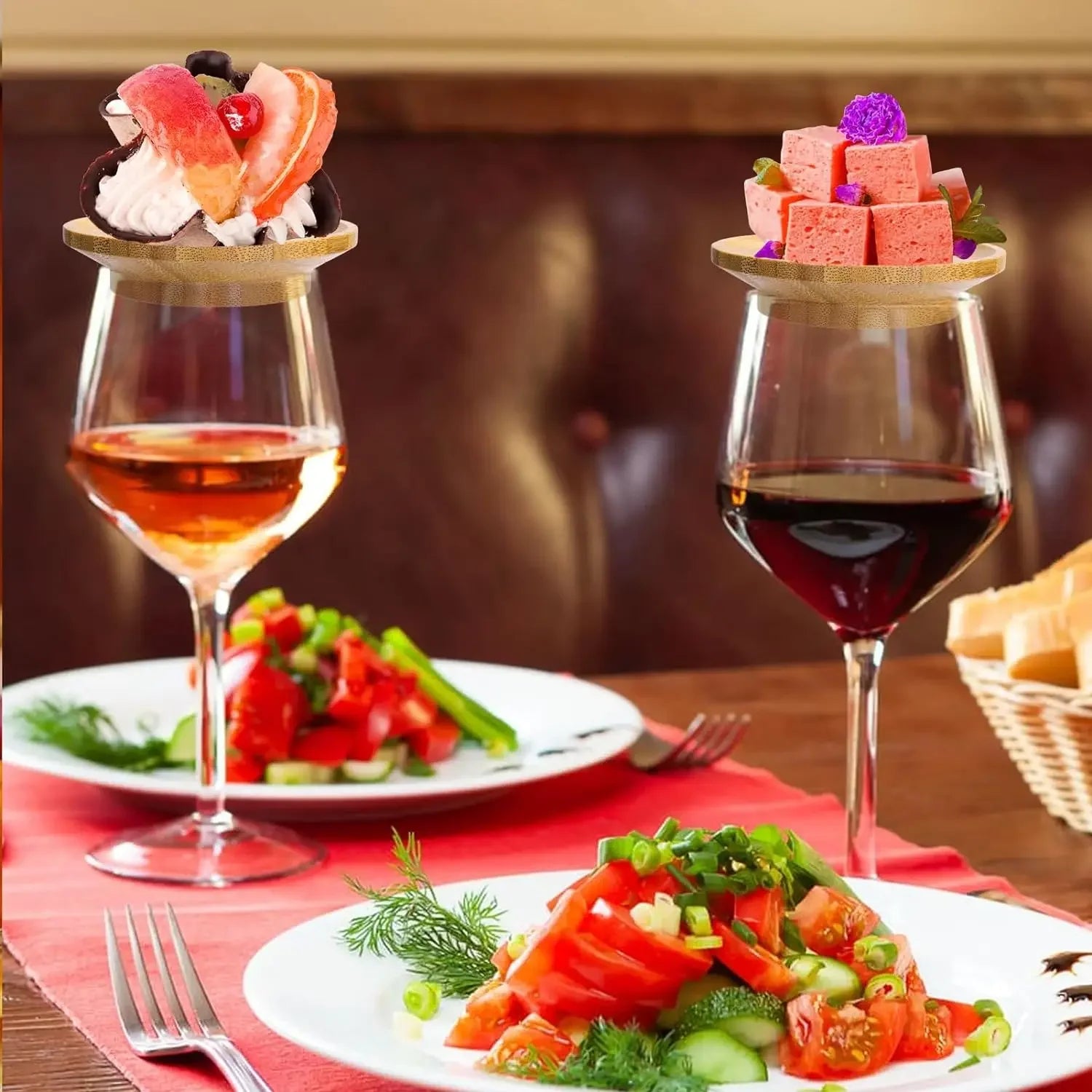 1-4Pcs Wine Glass Charcuterie Topper, Bamboo Wine Glass Covers for Appetizers Wine Glass Topper Coasters Plate for Bars Party