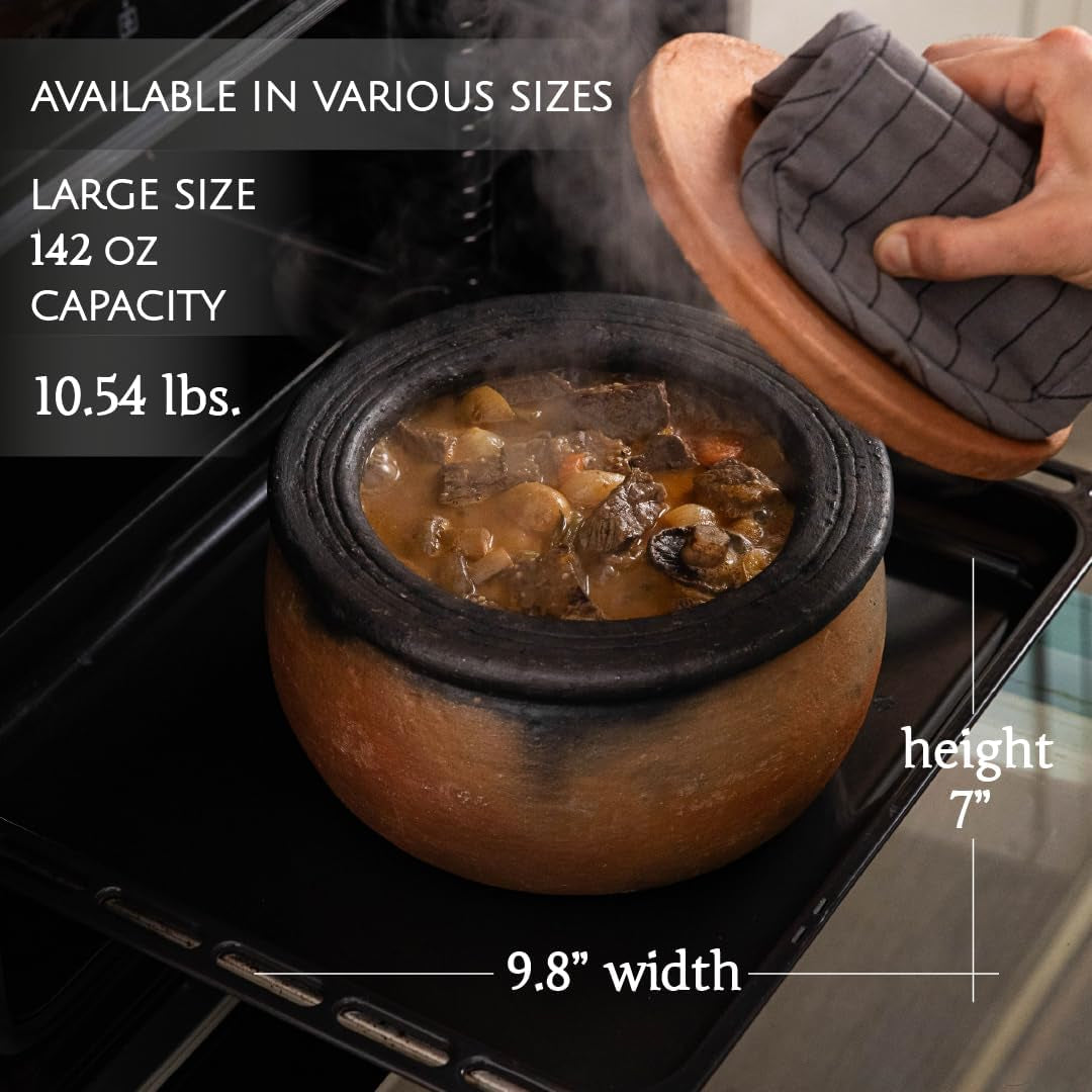 Efes Terracotta Cooking Pot with Lid, LARGE 4.4 Quarts Clay Pots for Cooking, Rice Pots, UNGLAZED Twice Baked Traditional Casserole for Cooking on STOVE Top, Vintage Roaster, 142 Oz (4.2 L)