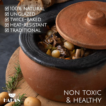 Efes Terracotta Cooking Pot with Lid, LARGE 4.4 Quarts Clay Pots for Cooking, Rice Pots, UNGLAZED Twice Baked Traditional Casserole for Cooking on STOVE Top, Vintage Roaster, 142 Oz (4.2 L)