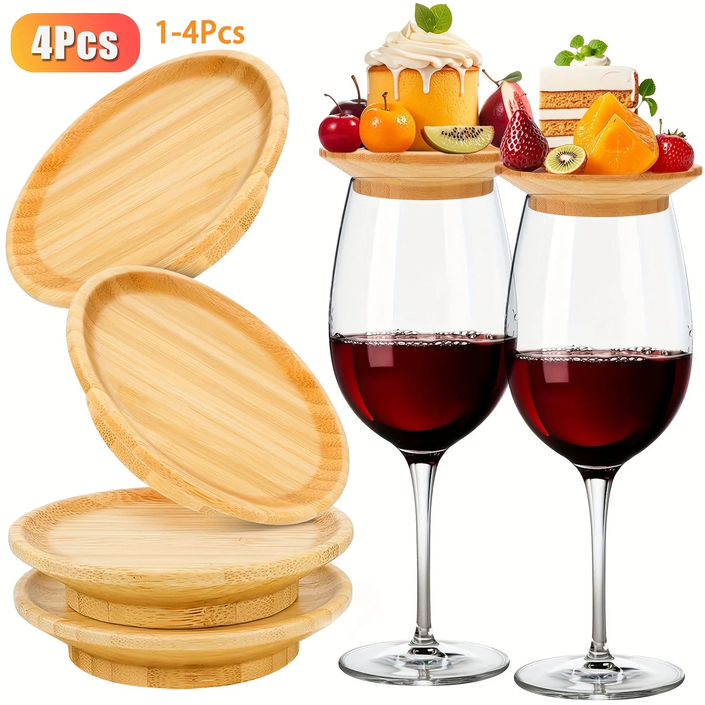 1-4Pcs Wine Glass Charcuterie Topper, Bamboo Wine Glass Covers for Appetizers Wine Glass Topper Coasters Plate for Bars Party