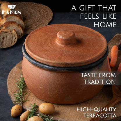 Efes Terracotta Cooking Pot with Lid, LARGE 4.4 Quarts Clay Pots for Cooking, Rice Pots, UNGLAZED Twice Baked Traditional Casserole for Cooking on STOVE Top, Vintage Roaster, 142 Oz (4.2 L)