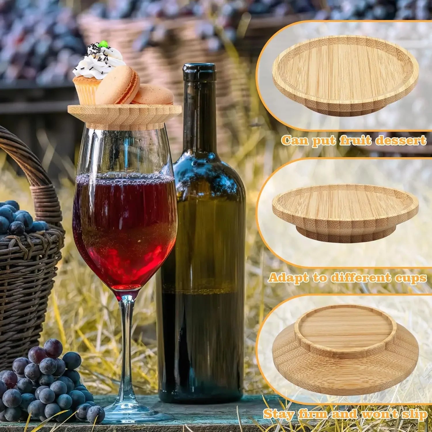 1-4Pcs Wine Glass Charcuterie Topper, Bamboo Wine Glass Covers for Appetizers Wine Glass Topper Coasters Plate for Bars Party